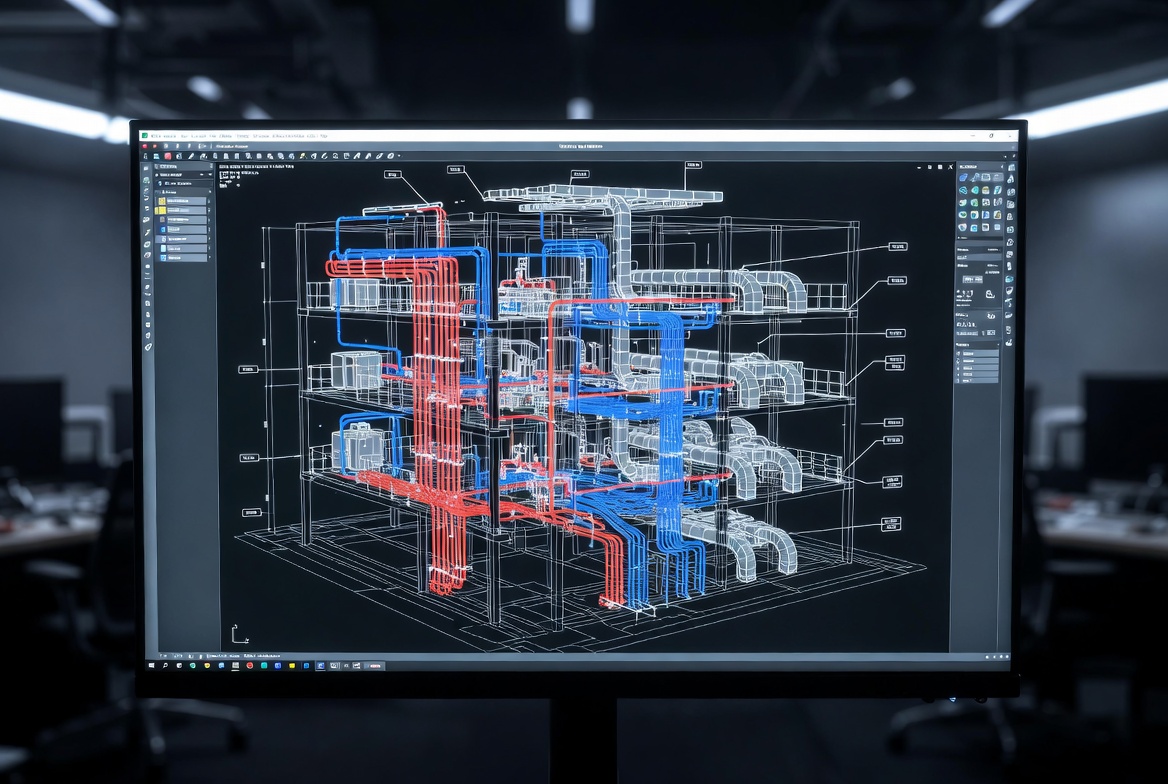 3D-Planung und BIM – digitales Gebäudemodell auf Monitor